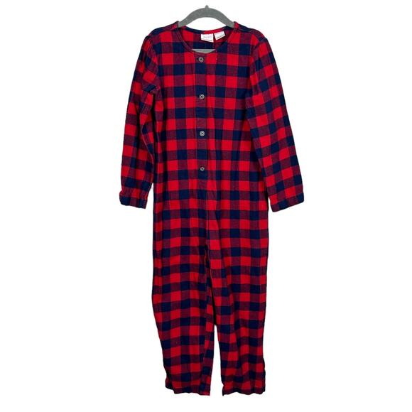 Hanna Andersson Buffalo Plaid Check Jumpsuit Blue Red One Piece PJs Pajamas 6 7 - Picture 2 of 6